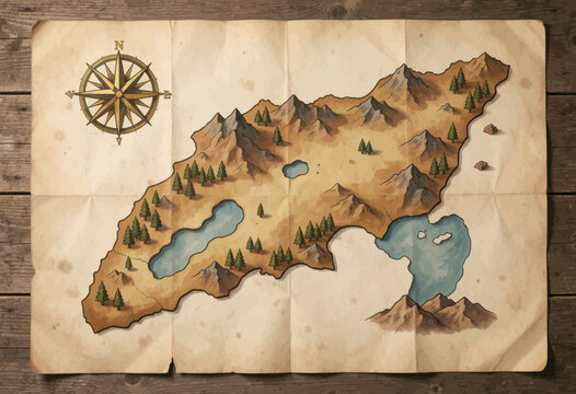 Vintage Treasure Map with Mountains Lakes and Compass on Wooden Table