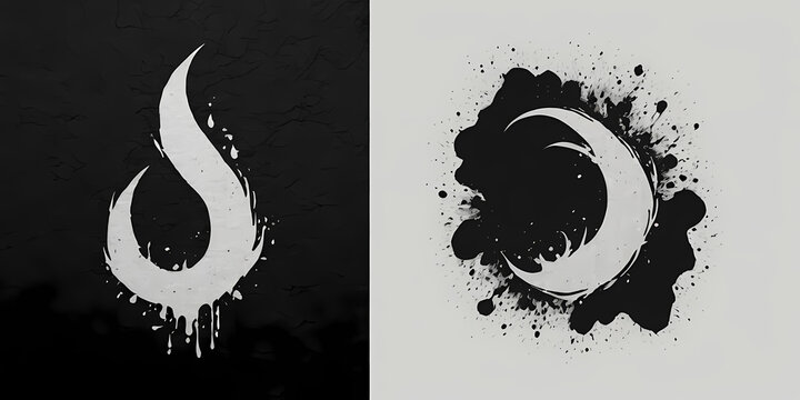Duo composition presents two contrasting ink drop designs on light and dark backgrounds to highlight the versatility of minimalist graphic branding elements.