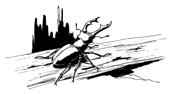 Stag Beetle On Log Woodland Insect Black And White Vector Illustration