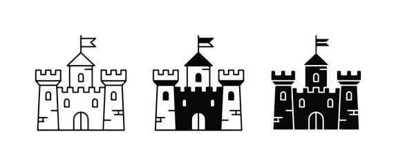 Castle Icons Set: Outline, Silhouette, and Filled Vector Graphics for Medieval and Fantasy Themes © Rukaiya