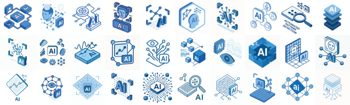 Isometric vector icon Pattern recognition AI blue color