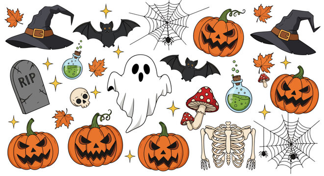 Halloween Themed Doodle Clipart Set Featuring Ghosts Pumpkins and Spooky Elements.