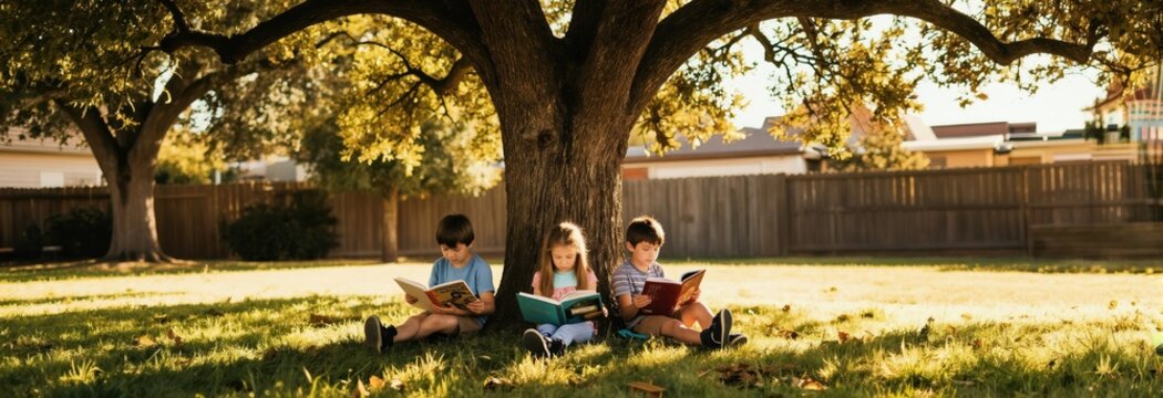 Three kids sit under a large tree reading books in a grassy backyard. Children learn outdoors on a sunny day. They engage in quiet activity enjoying stories and nature.