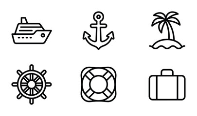 Nautical Icons Set: Cruise Ship, Anchor, Palm Tree Island, Ship Wheel, Lifebuoy, Luggage. Vector graphics for travel, maritime, and vacation themes. © Rukaiya