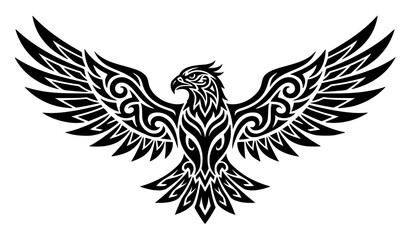Fototapeta premium Stylized Tribal Eagle Tattoo Vector Art Featuring Majestic Flying Bird of Prey Silhouette with Intricate Ornamental Wing Patterns for Biker Merchandise Designs
