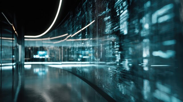 Futuristic hallway featuring a vibrant digital display wall presenting complex data streams and abstract patterns, reflecting the concepts of artificial intelligence and cybersecurity