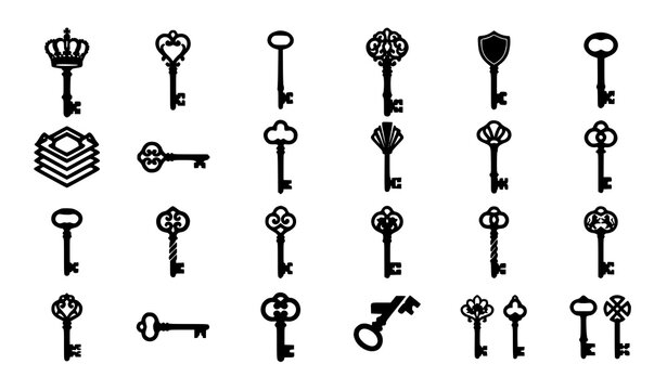 Vintage Skeleton Key Line Icon Set Featuring Antique Ornate Keys Security Locking Symbols and Secret Safe Unlock Elements for Business UI Graphic Designs