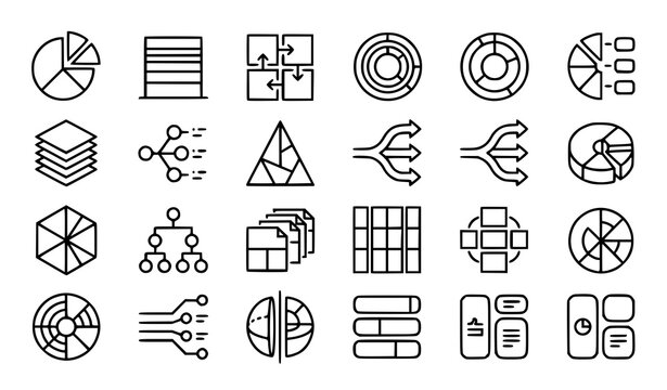 Minimalist Data Visualization Line Icon Set Featuring Business Infographic Elements Flowcharts Pie Charts Pyramids and Network Structure Diagram Symbols for UI Design