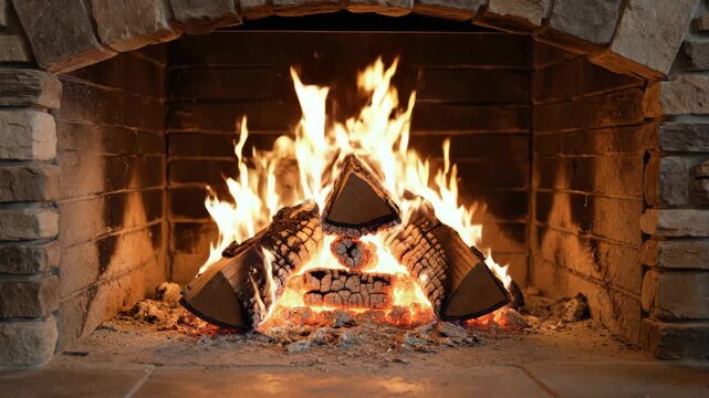 Warm Bright Flames Burning on Stacked Wooden Logs in a Rustic Brick Fireplace