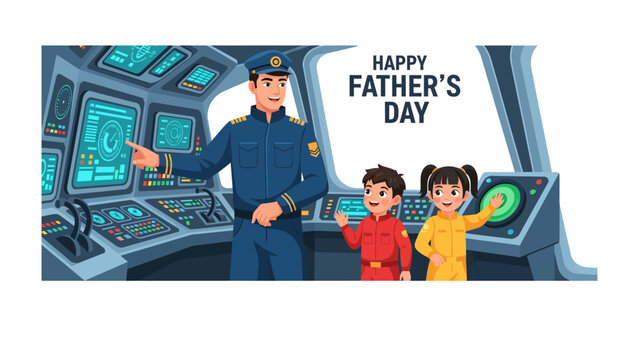 Father's Day in the Cockpit: A heartwarming Father's Day scene unfolds as a captain proudly shows his children the command center of a ship, a symbol of family and guidance. 