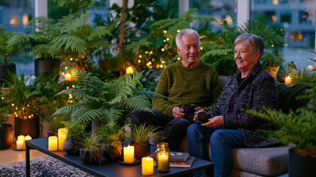 Candlelit indoor native plant sanctuary in a luxury apartment, dozens of potted native ferns and sedges arranged around a low coffee table where an elderly couple enjoys tea by the window at dusk, i