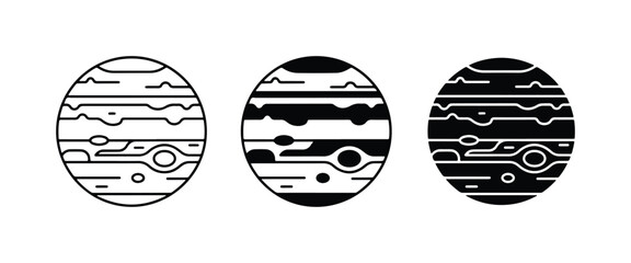 Three Stylized Jupiter Planet Icons, Vector Graphics, Outer Space Celestial Bodies, Scientific Exploration and Astronomy Concepts © MdArman