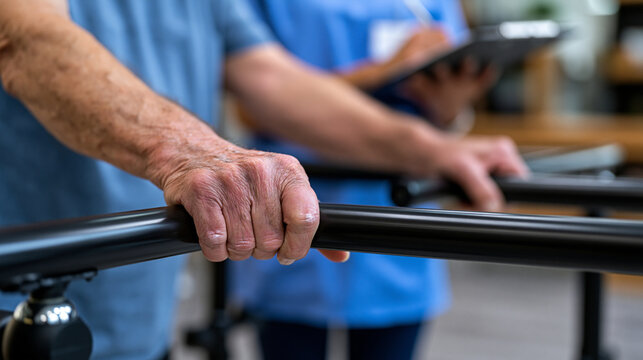 Close-up of aged hands gripping parallel bars during a balance rehabilitation session, knuckles white with effort, therapist clipboard visible in soft background blur, ideal for senior strength, agi