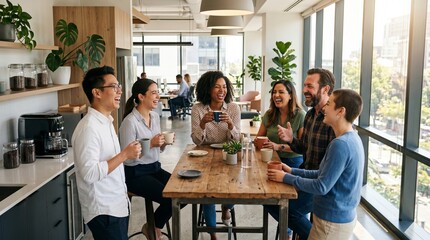 Obraz premium Colleagues laughing and socializing during office coffee break