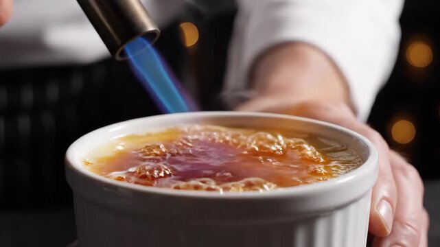 Culinary Blowtorch Melting White Sugar to Caramelize a Golden Crust on Creme Brulee in a Ramekin