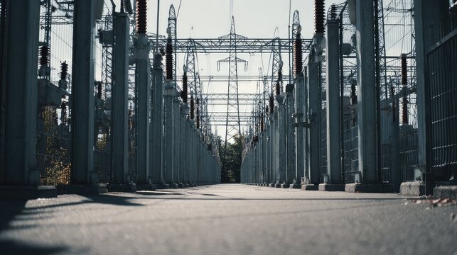 Electrical substation facility moving and switching high voltage power across a distribution network with insulators, transmission towers, and lines carrying electricity