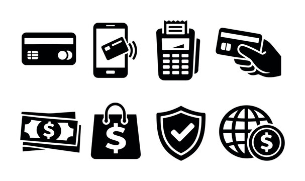 Collection of icons representing various payment and financial transaction methods