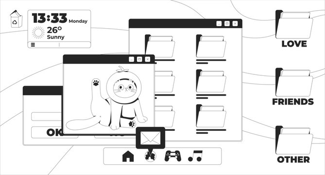 Cute retro desktop interface lo fi line illustration. Kawaii cat UI window. Y2K vaporwave computer folders. Weather widget. Black and white LoFi aesthetic wallpaper. Flat vector outline cartoon art