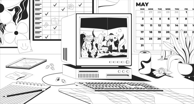 Retro computer aquarium desk lo fi line illustration. Cozy workspace with whimsical fish. Digital fishtank. Study clutter. Black and white LoFi aesthetic wallpaper. Flat vector outline cartoon art