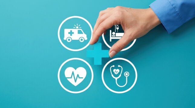 A healthcare professional interacts with medical icons on a digital interface