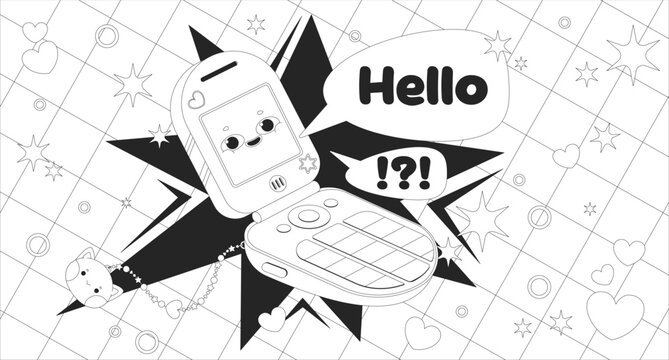 Kawaii Y2K flip phone with hello message lo fi line illustration. Retro tech vibe. Cute 2000s mobile with beaded charm. Black and white LoFi aesthetic wallpaper. Flat vector outline cartoon art