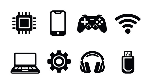 Collection of modern technology and digital icons on a white background