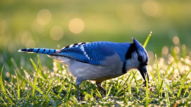 Closeup of a Blue Jay bird in lush green grass during sunrise.
