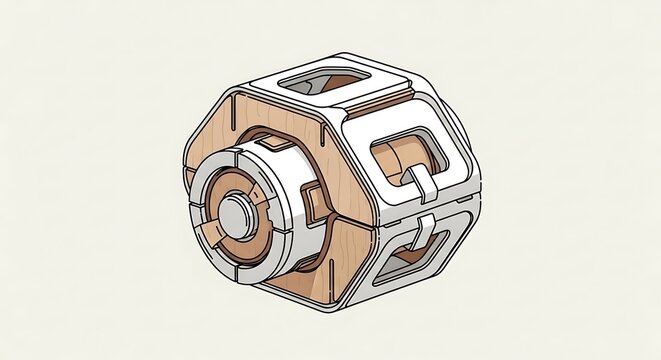 A detailed illustration of a metallic and wooden puzzle cube with rotating parts and visible mechanisms