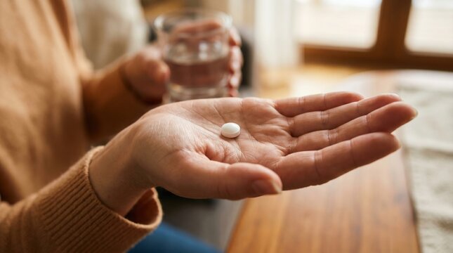 Handful of Hope: A woman's open palm holds a single white pill, with a glass of water in the background, symbolizing health, treatment, and reliance on medication.