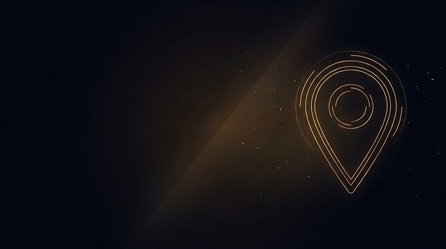 Futuristic gold map pin icon on dark background, glowing digital location marker with tech lines, luxury navigation symbol for global positioning systems