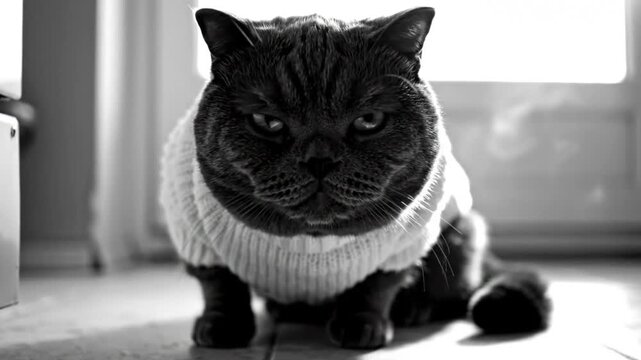 Black and white portrait of a grumpy grey cat wearing a warm white sweater and sitting indoors