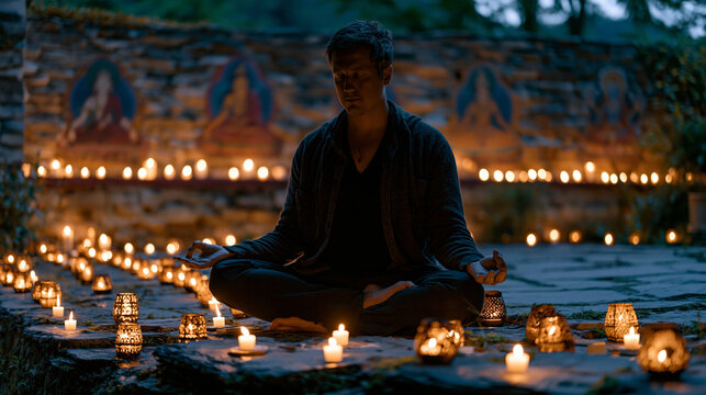 Solo meditation at the edge of a candlelit yoga shala in Rishikesh at midnight, single practitioner in lotus silhouette against hand-painted deities on stone walls, perfect for spiritual retreat, yo