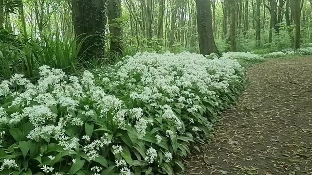 Aromatic white garlic flowers blanket lush woodland pathway in the morning light low dolly shot