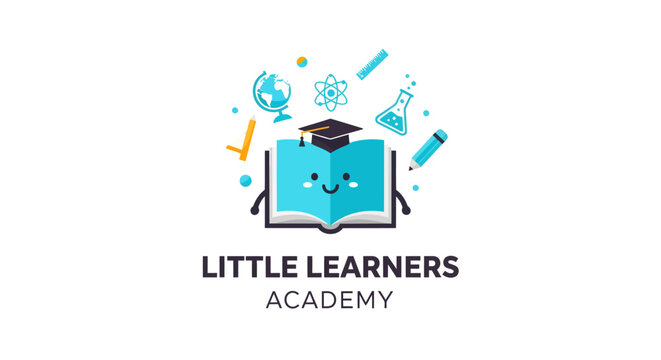 Cute cartoon open book with graduation cap and science icons for education.