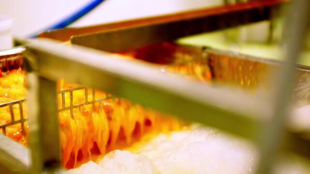 Egg yolks moving through automated poultry processing machine in food facility