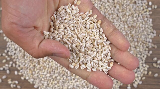 Top view of a hand grabbing a handful of raw pearl barley grains from a textured surface