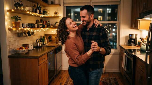Happy couple slow dancing and laughing in cozy home kitchen