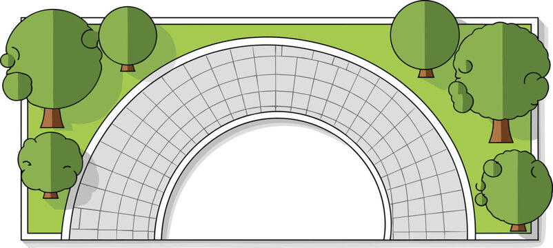 Modern patio design top view with paved stone walkway and deciduous trees for architectural site planning.