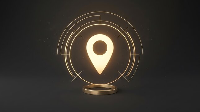 Glowing map pin icon on digital interface, futuristic location pointer symbol, 3D golden navigation marker for GPS and logistics tracking