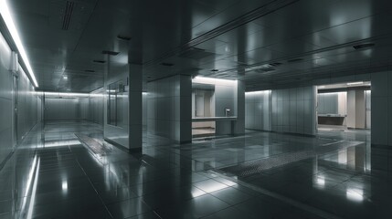 Naklejka premium Clean architectural space featuring a futuristic modern hallway with metallic surfaces, minimalist design, and cold lighting, creating an empty, imposing building interior