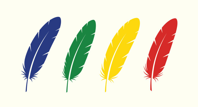 Four Colorful Feathers on Light Background quill bird