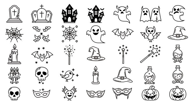 Whimsical line art collection featuring various animals, faces, and decorative icons for creative design and illustration projects.