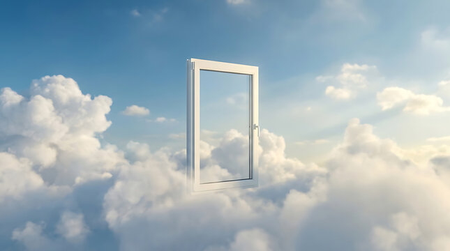 A surreal white door floating among soft clouds, symbolizing new opportunities and dreamlike possibilities beyond the horizon