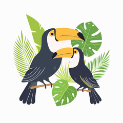 Obraz premium Two Toucans Perched Among Tropical Leaves
