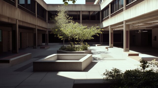 Spacious brutalist building courtyard featuring rough concrete architecture, geometric planters, and small green trees, creating a quiet urban environment with strong shadows