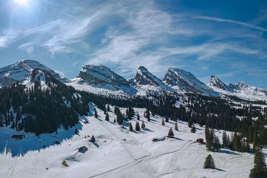 Aerial view of the famous seven peak Alps range: Churfirsten mountain in winter