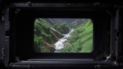 Naklejka premium Viewfinder screen showing a vibrant green valley with a flowing river creating a natural frame, capturing a scenic outdoor environment through a cinematic perspective