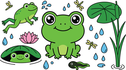 Fototapeta premium Cute Kawaii Green Frog Set with Tadpole Turtle Dragonfly Lotus Water Drop Lily Pad and Reed Pond Nature Vector Illustration