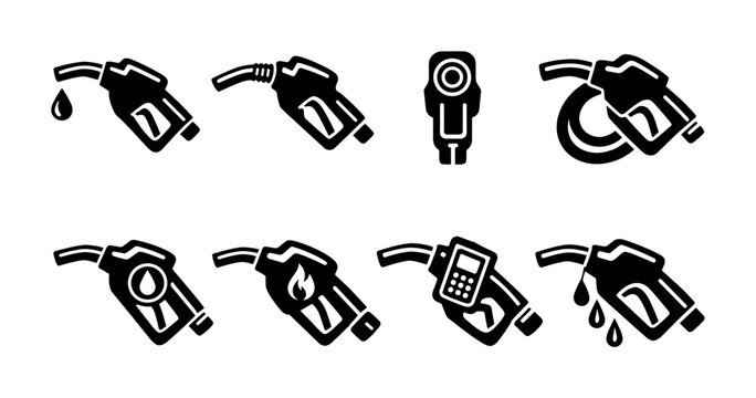Collection of black fuel pump icons with various symbols and actions