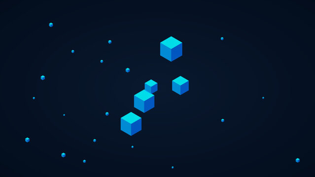 Abstract blue isometric cubes floating in dark space representing blockchain or data blocks